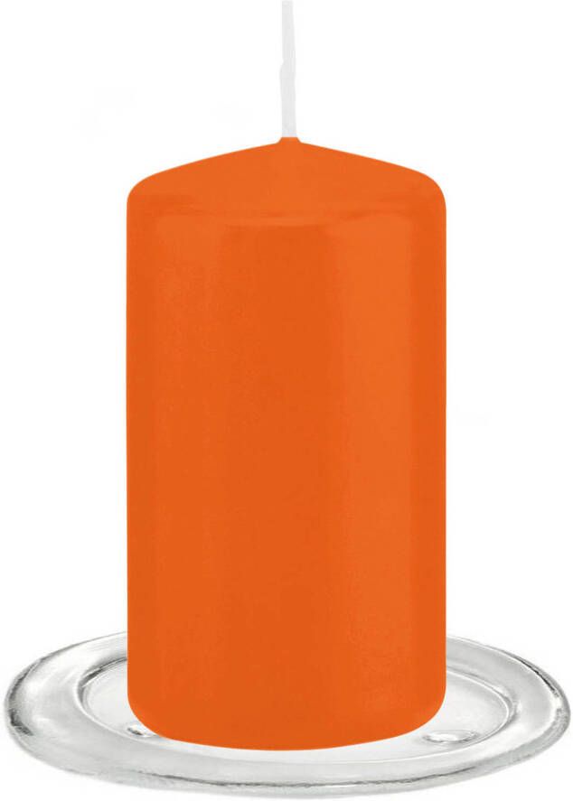 Trend Candles Stompkaarsen met glazen onderzetters set van 2x stuks oranje 6 x 12 cm Stompkaarsen