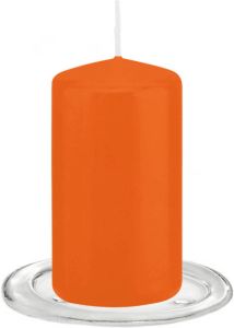 Trend Candles Stompkaarsen met glazen onderzetters set van 2x stuks oranje 6 x 12 cm Stompkaarsen