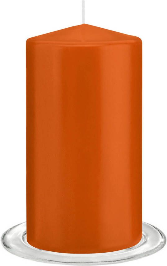 Trend Candles Stompkaarsen met glazen onderzetters set van 2x stuks oranje 8 x 15 cm Stompkaarsen