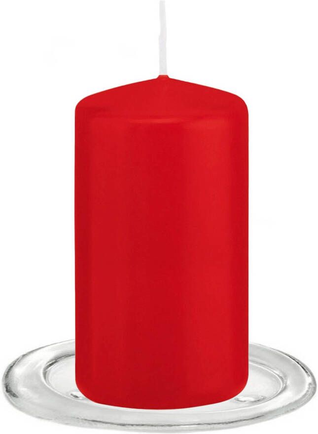 Trend Candles Stompkaarsen met glazen onderzetters set van 2x stuks rood 6 x 12 cm Stompkaarsen