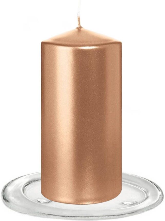 Trend Candles Stompkaarsen met glazen onderzetters set van 2x stuks rose goud 6 x 12 cm Stompkaarsen