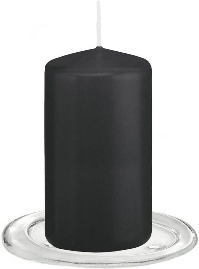 Trend Candles Stompkaarsen met glazen onderzetters set van 2x stuks zwart 6 x 12 cm Stompkaarsen