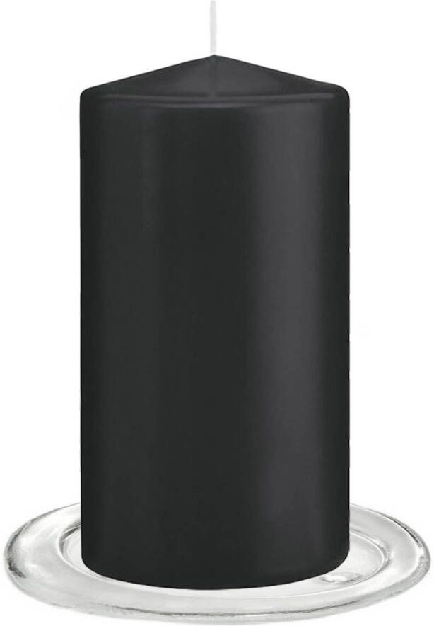 Trend Candles Stompkaarsen met glazen onderzetters set van 2x stuks zwart 8 x 15 cm Stompkaarsen