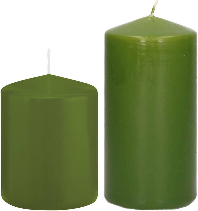 Trend Candles Stompkaarsen set van 2x stuks olijfgroen 8 en 12 cm Stompkaarsen