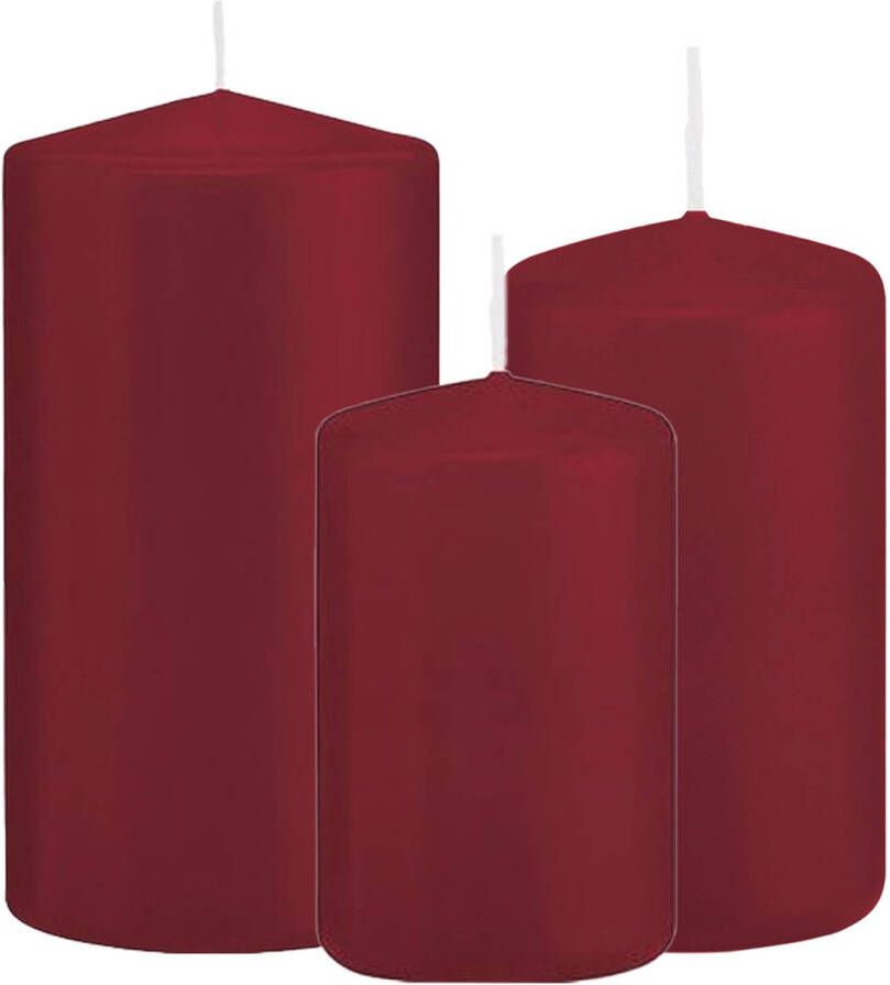 Trend Candles Cilinder Stompkaarsen set 3x stuks bordeaux rood 10-12-15 cm Stompkaarsen