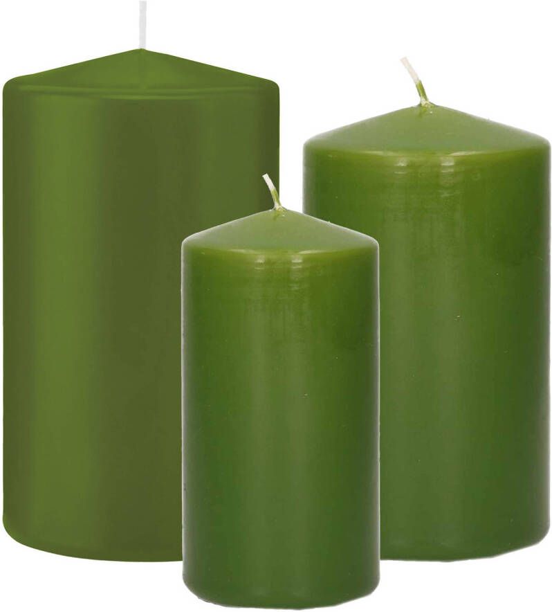 Trend Candles Stompkaarsen set van 3x stuks olijfgroen 10-12-15 cm Stompkaarsen