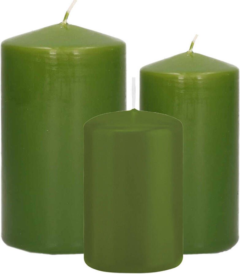 Trend Candles Stompkaarsen set van 3x stuks olijfgroen 8-10-12 cm Stompkaarsen