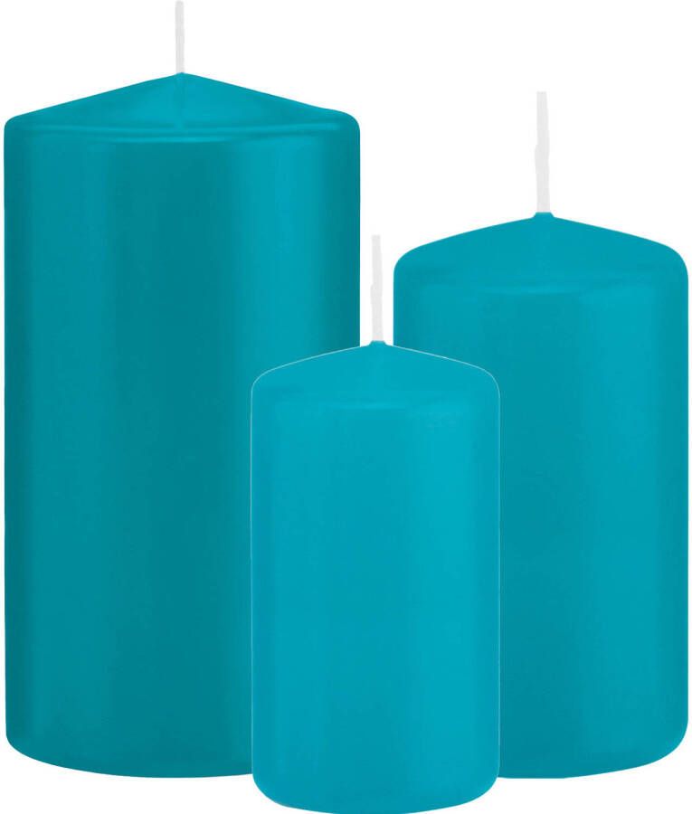 Trend Candles Stompkaarsen set van 3x stuks turquoise blauw 10-12-15 cm Stompkaarsen