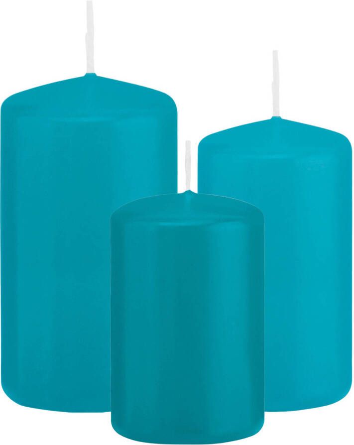 Trend Candles Stompkaarsen set van 3x stuks turquoise blauw 8-10-12 cm Stompkaarsen