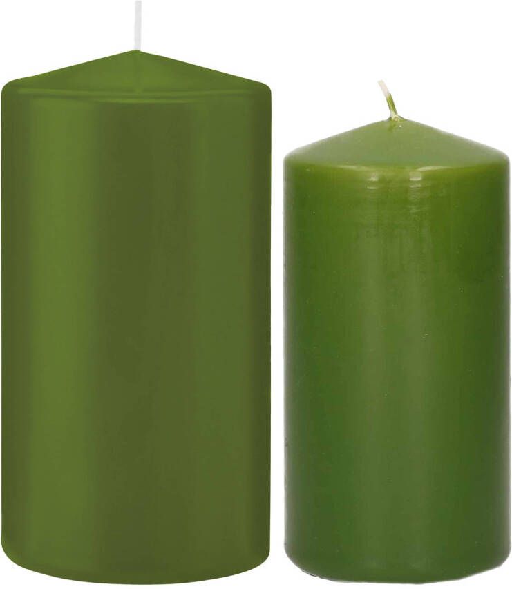 Trend Candles Stompkaarsen set van 4x stuks olijfgroen 12 en 15 cm Stompkaarsen