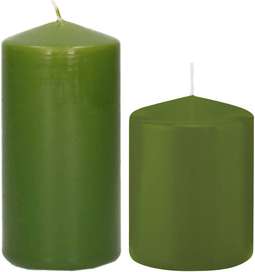 Trend Candles Stompkaarsen set van 4x stuks olijfgroen 8 en 12 cm Stompkaarsen