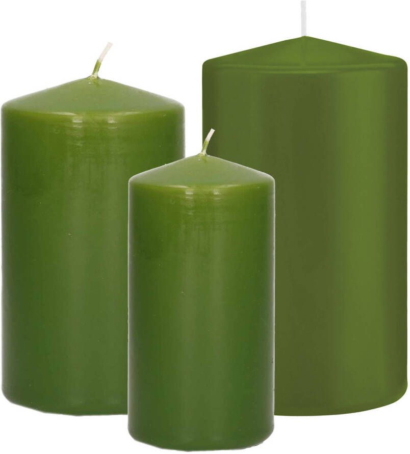 Trend Candles Stompkaarsen set van 6x stuks olijfgroen 10-12-15 cm Stompkaarsen
