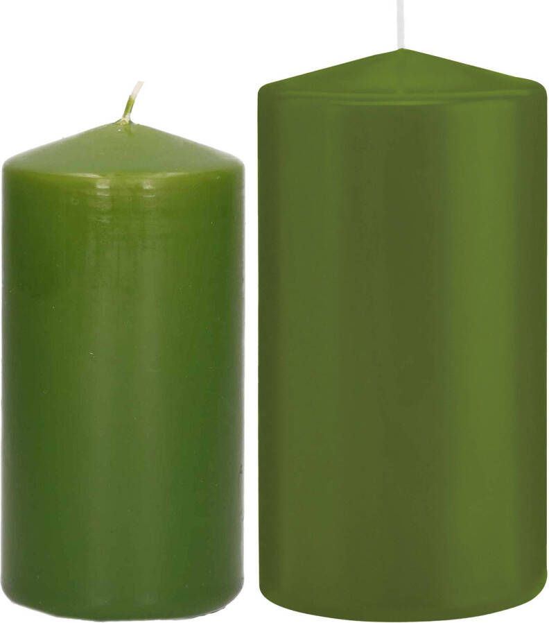 Trend Candles Stompkaarsen set van 6x stuks olijfgroen 12 en 15 cm Stompkaarsen