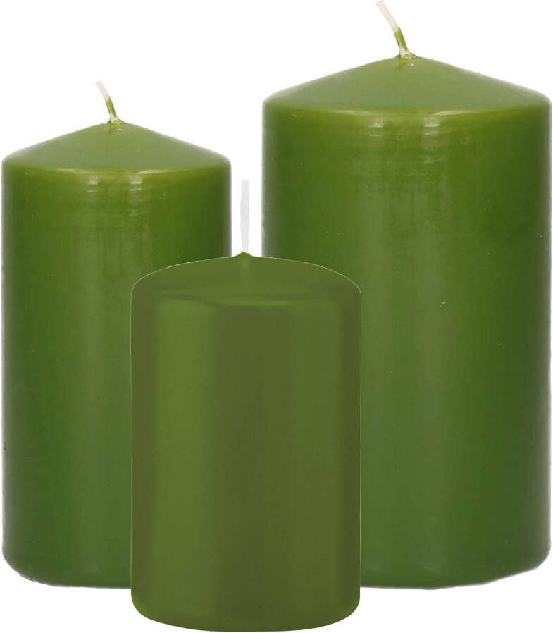 Trend Candles Stompkaarsen set van 6x stuks olijfgroen 8-10-12 cm Stompkaarsen