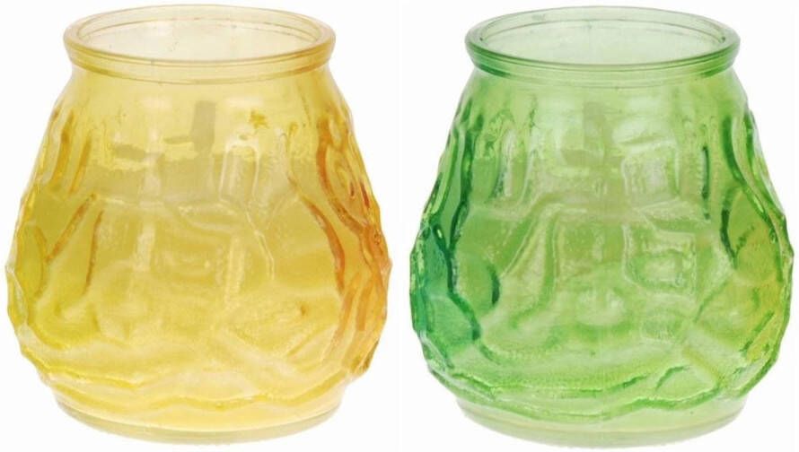 Trendoz Set van 2x windlichten geurkaarsen citronella anti muggen groen en geel glas geurkaarsen
