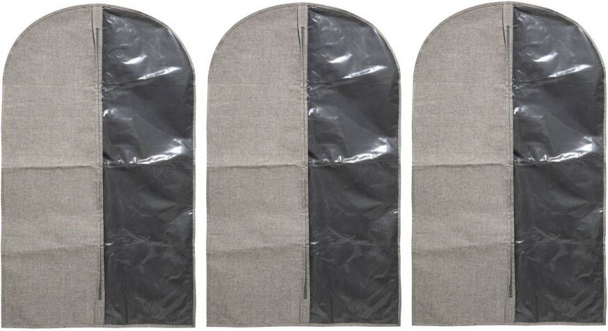 Merkloos Set van 3x stuks kleding beschermhoezen polyester katoen grijs 100 cm inclusief kledinghangers Kledinghoezen