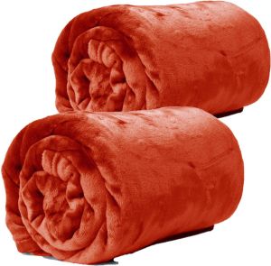 Unique Living Enzo Fleece dekens plaids 2 stuks 130 x 180 cm rood oranje Plaids