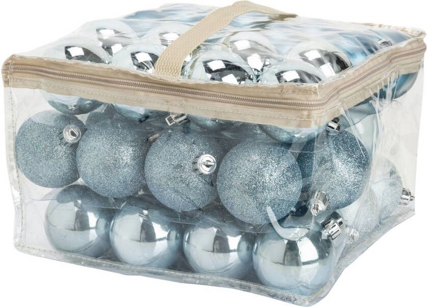 Cosy & Trendy 48x stuks kunststof kerstballen ijsblauw 6 cm in opbergtas opbergbox Kerstbal