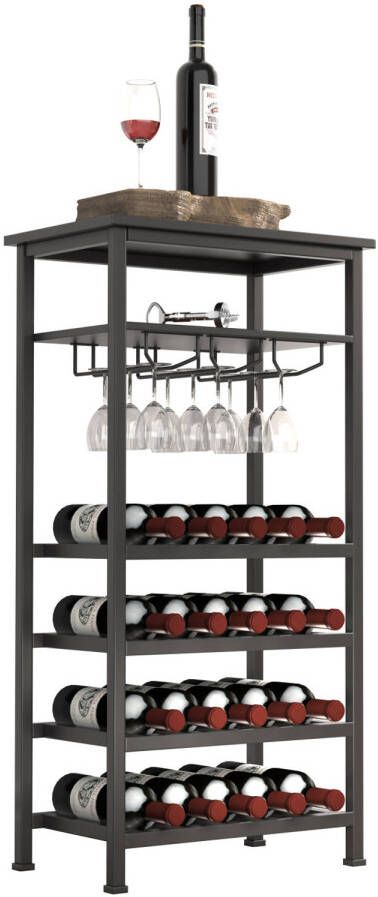 VDD Wijnrek industrieel design wijnkast zwart rek voor opbergen 20 flessen met glashouder
