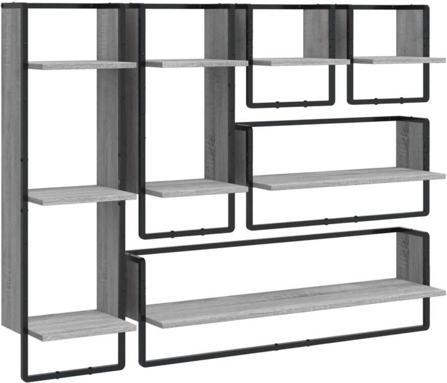 VidaXL 6-delige Wandschappenset met stangen bewerkt hout grijs sonoma