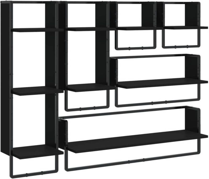 VidaXL 6-delige Wandschappenset met stangen bewerkt hout zwart