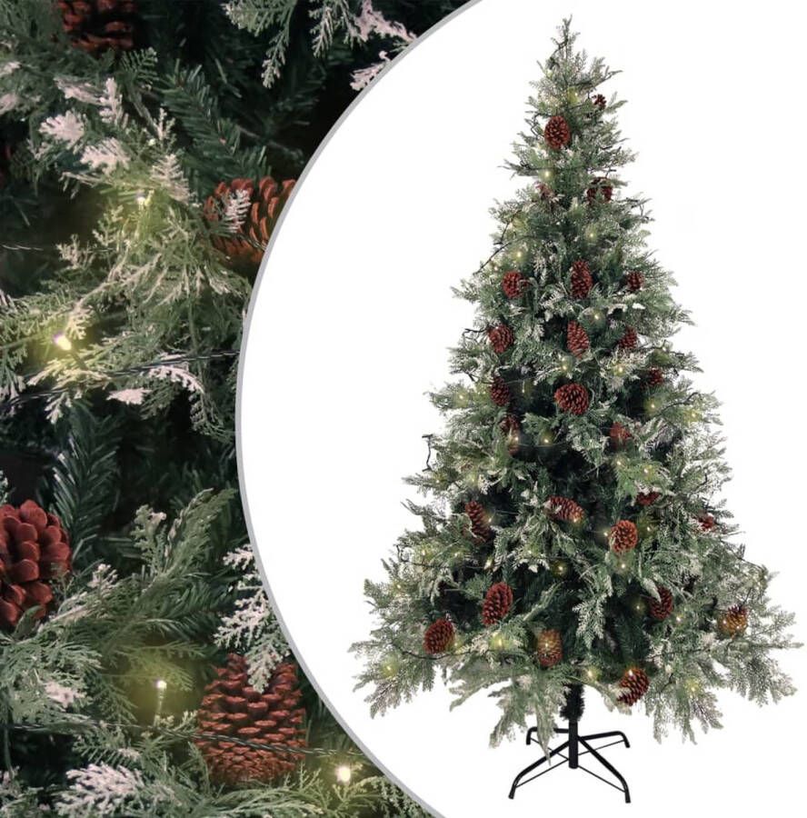 VidaXL Kerstboom met LED&apos;s en dennenappels 195 cm PVC en PE groen wit