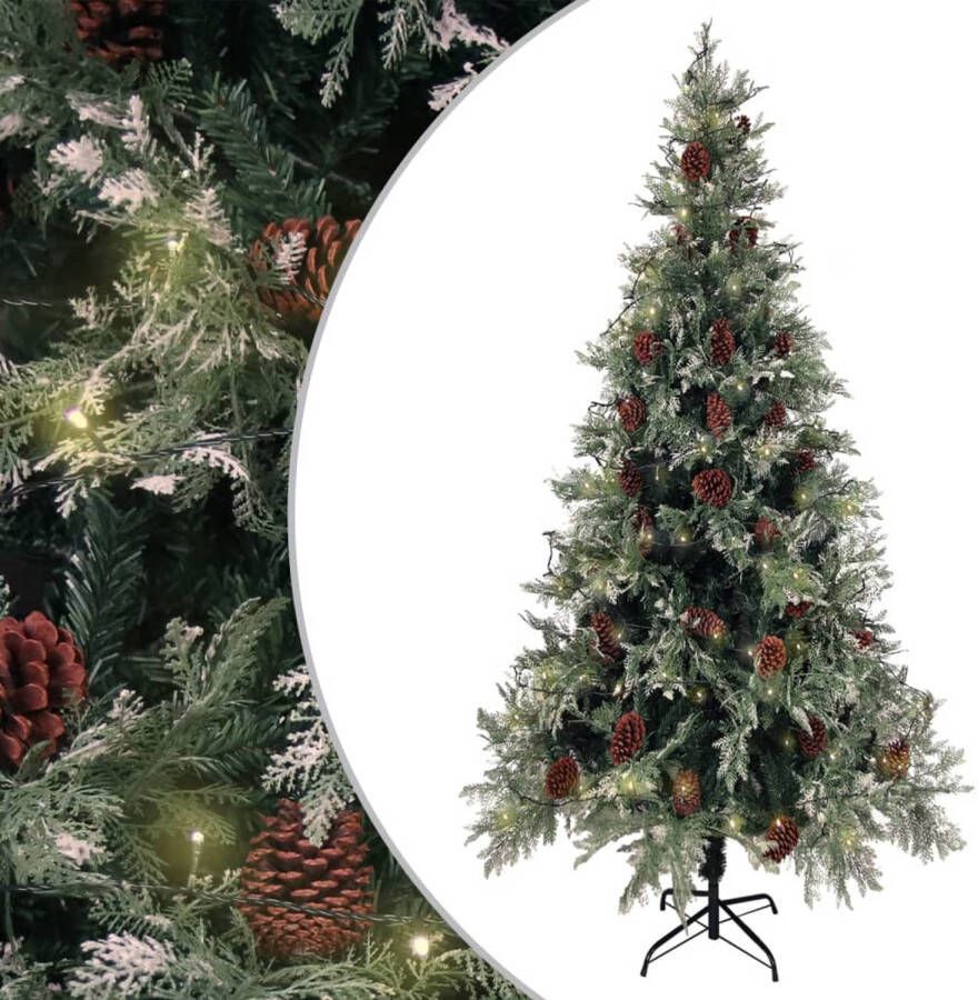 VidaXL Kerstboom met LED&apos;s en dennenappels 225 cm PVC en PE groen wit