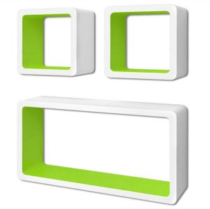 VidaXL Wandplanken Kubus Mdf Zwevend Opbergruimte Boeken dvd 3 St Wit-groen