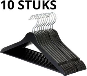 Wicotex -Kledinghanger hout-kleerhanger 10 stuks met rok inkepingen en broekspijpen draaibare haak zwart