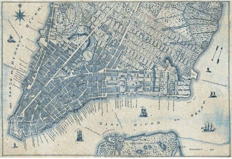 Wizard+Genius Old Vintage City Map New York Vlies Fotobehang 384x260cm 8-banen