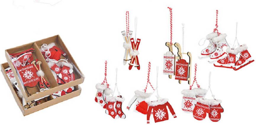 Wurm 12x stuks houten kersthangers wit rood wintersport thema kerstboomversiering Kersthangers