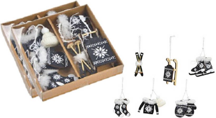 Wurm 12x stuks houten kersthangers zwart wintersport thema kerstboomversiering Kersthangers
