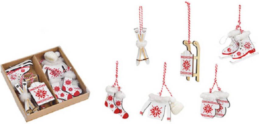 Wurm 6x stuks houten kersthangers wit rood wintersport thema kerstboomversiering Kersthangers