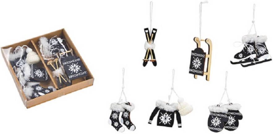 Wurm 6x stuks houten kersthangers zwart wintersport thema kerstboomversiering Kersthangers
