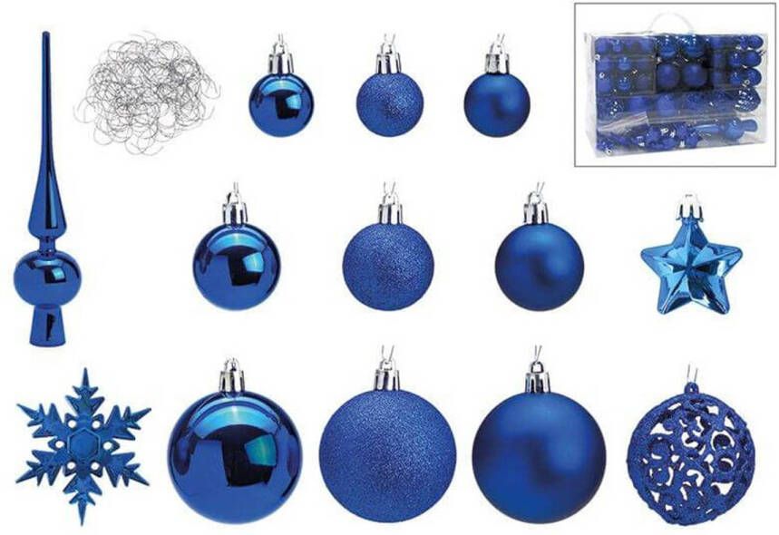 Wurm Blauwe kunststof kerstballen 3 4 6 cm en kerstversiering set 111-delig Kerstbal