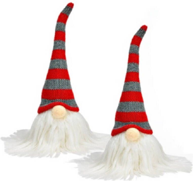 Wurm Set van 2x stuks pluche gnome dwerg decoratie poppen knuffels wit rood grijs 8 x 24 x 6 cm Kerstman pop