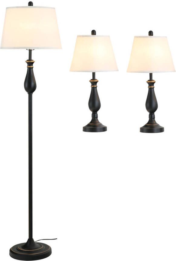 Zenzee Driedelige set van 1 staande lamp en 2 tafellampen Vloerlamp Stalamp tafellamp Vintage Klassiek Zwart