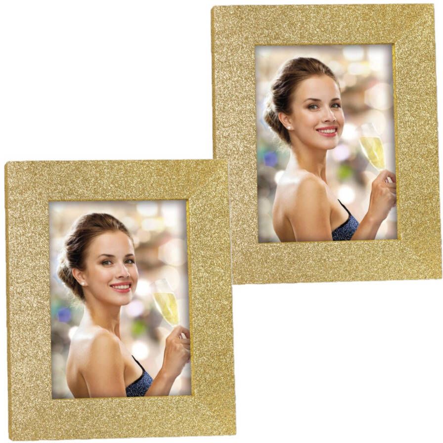 Zep 2x stuks houten fotolijstje goud met glitters 18 x 23 cm geschikt voor een foto van 13 x 18 cm Fotolijsten