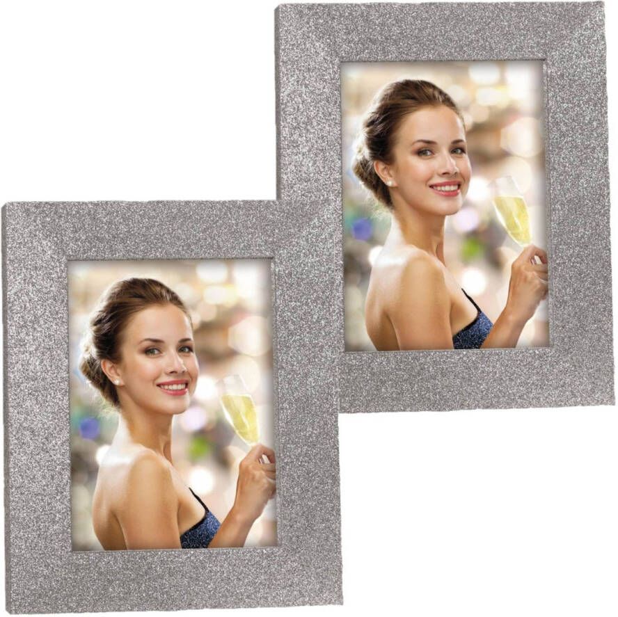 Zep 2x stuks houten fotolijstje zilver met glitters 25 x 35 cm geschikt voor een foto van 20 x 30 cm Fotolijsten