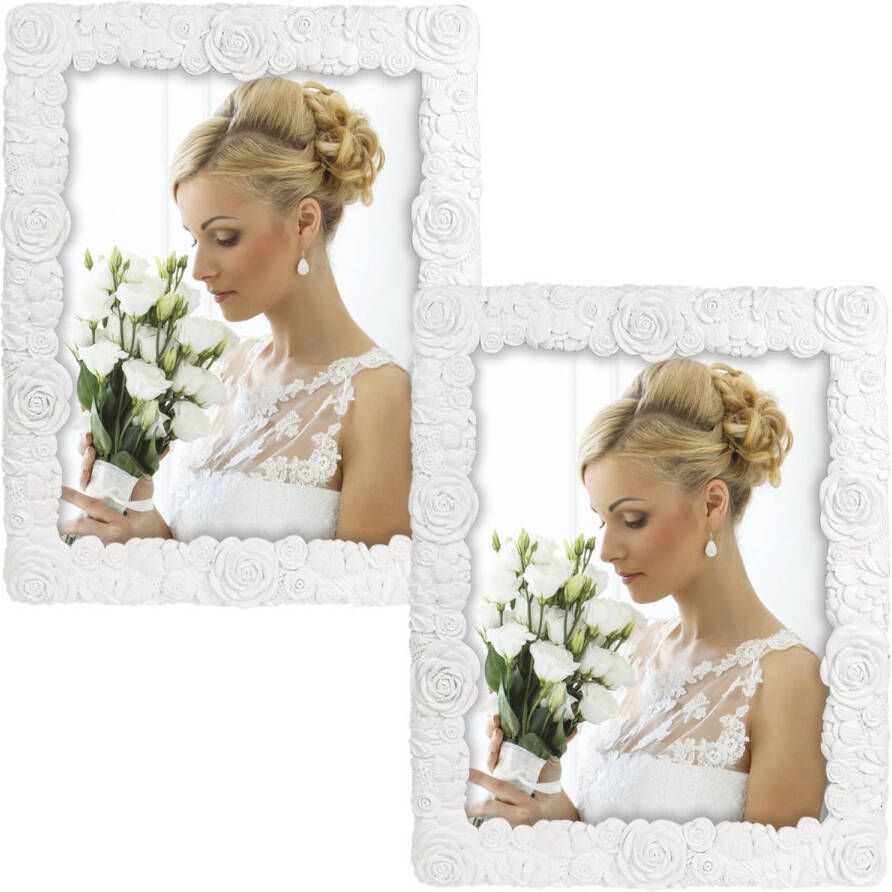 ZEP 2x stuks kunststof fotolijst wit met bloemen motief geschikt voor een foto van 15 x 20 cm Fotolijsten