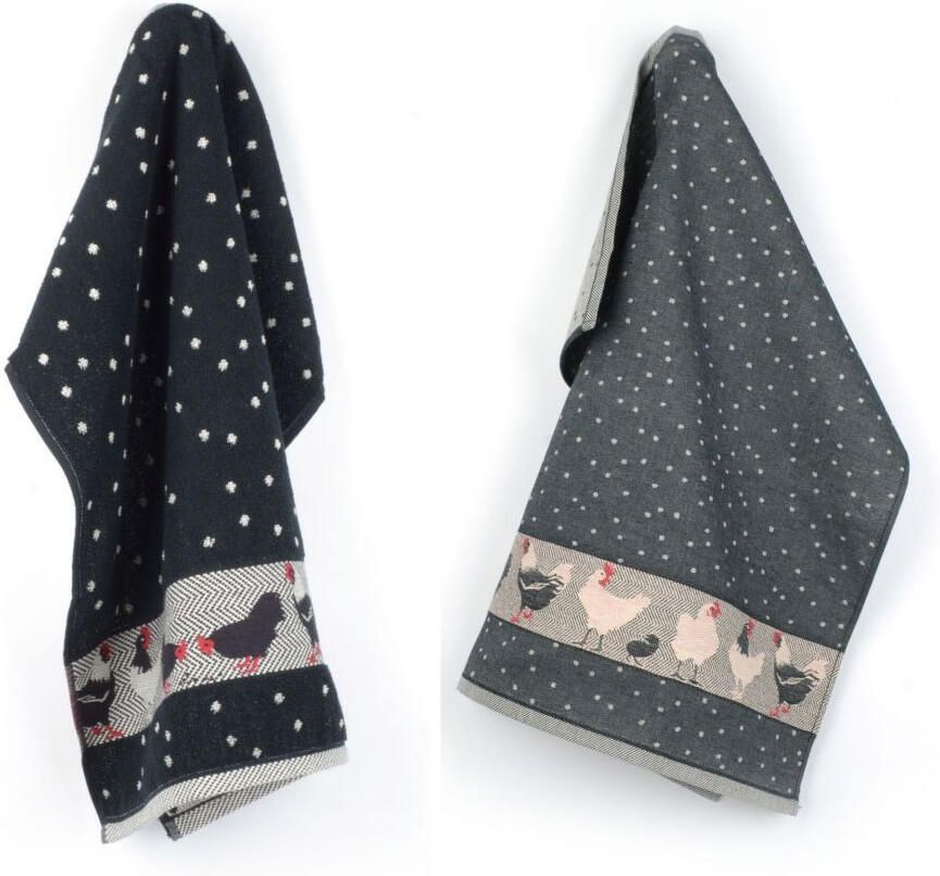 Bunzlau Castle Thee- en keukendoek set met kippen Black