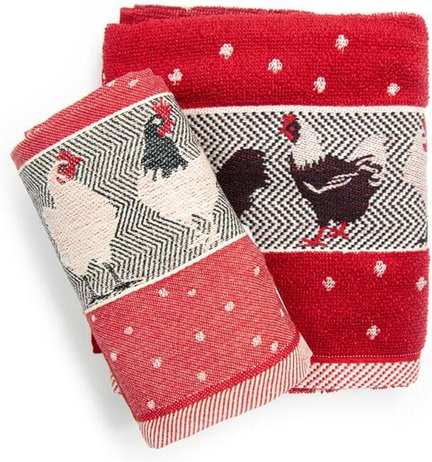 Bunzlau Castle Thee- en keukendoek set met kippen rood