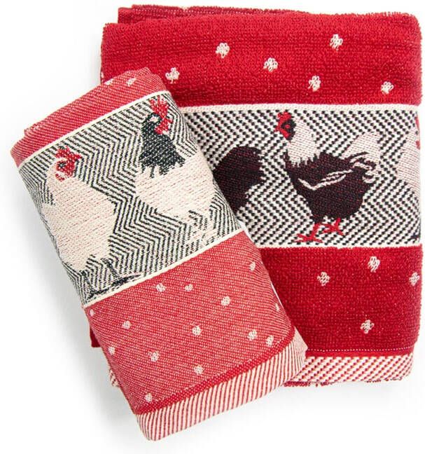 Thee- en keukendoek set met kippen rood
