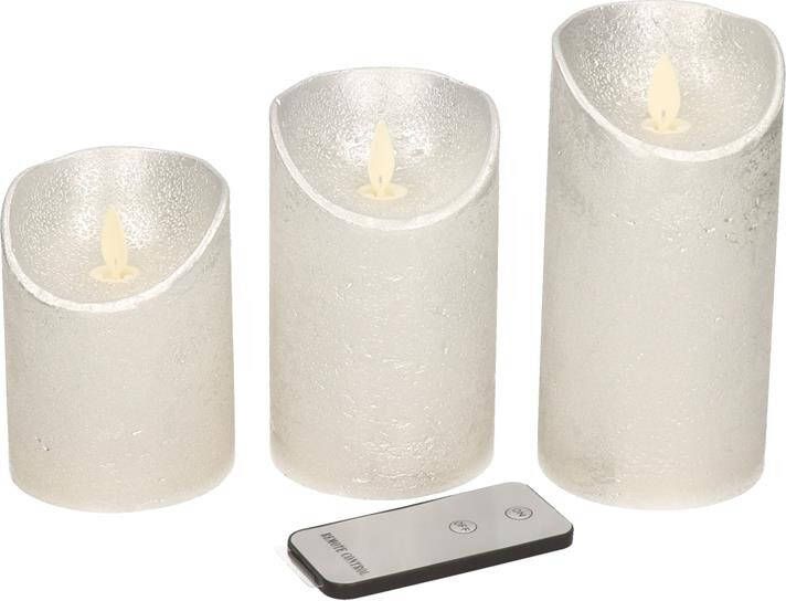 Anna's Collection Set van 3x zilveren LED stompkaarsen met afstandsbediening Woondecoratie LED kaarsen Elektrische kaarsen LED kaarsen