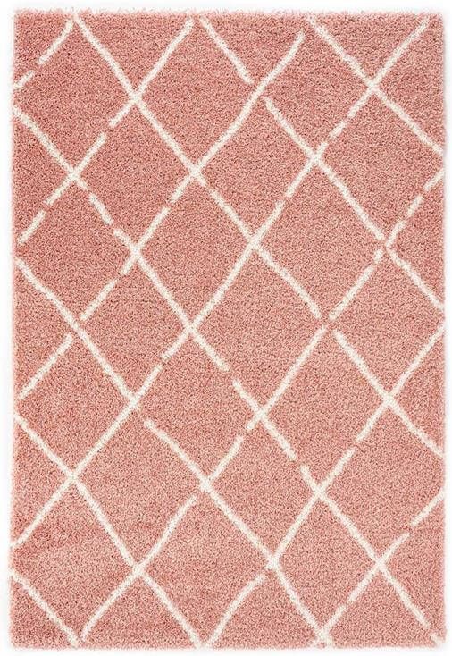Boho&me Hoogpolig vloerkleed ruiten Artisan roze|wit 100x200 cm