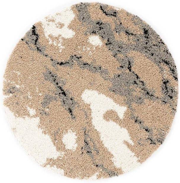 Boho&me Rond hoogpolig vloerkleed Marble Artisan beige 100 cm rond