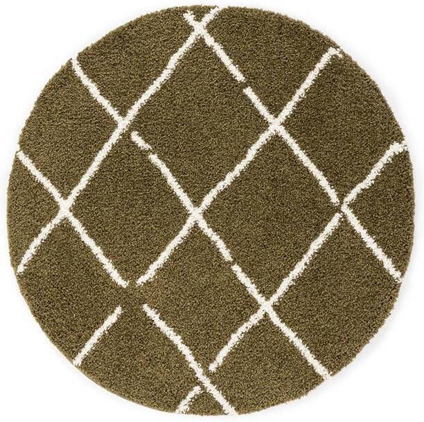 Boho&me Rond hoogpolig vloerkleed ruiten Artisan olijfgroen|wit