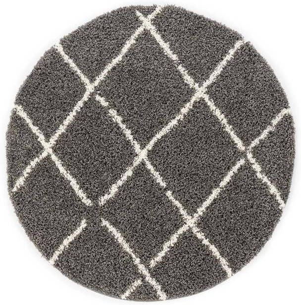 Boho&me Rond hoogpolig vloerkleed ruiten Habitat grijs|wit 100 cm