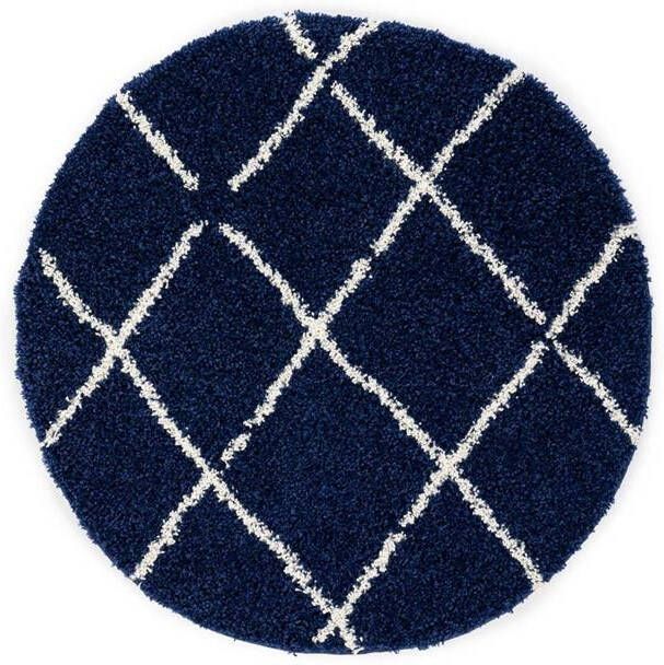Boho&me Rond hoogpolig vloerkleed ruiten Habitat marineblauw|wit