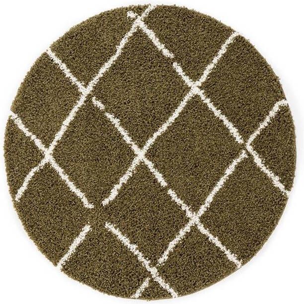 Boho&me Rond hoogpolig vloerkleed ruiten Habitat olijfgroen|wit 80